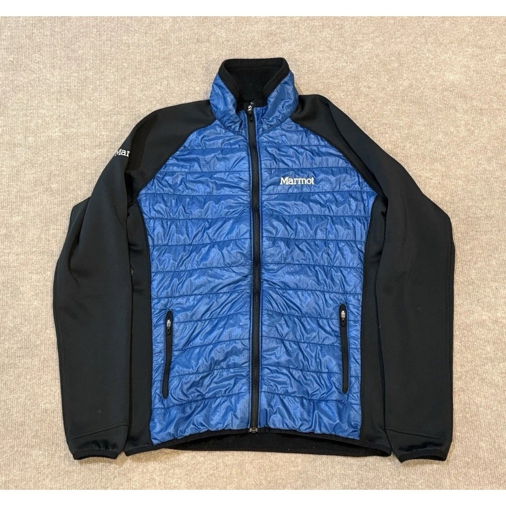 Marmot Jacket Mens Medium Blue Black Puffer Variant Quilted Outdoors Coat Fleece